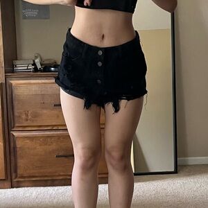 Distressed Black Denim Shorts